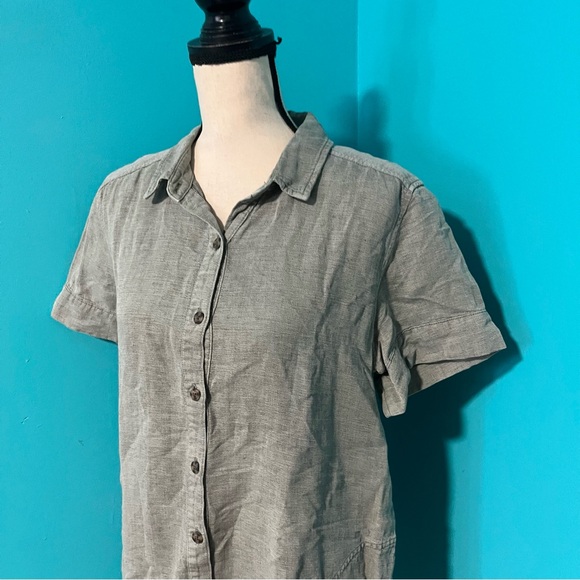 Lucky Brand L Green Linen Short Sleeve Button Front Shirt Dress Boho Coastal - Picture 3 of 6